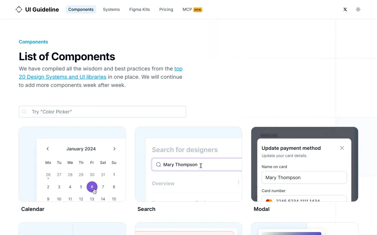 Miniatura do site UI Guideline · Components