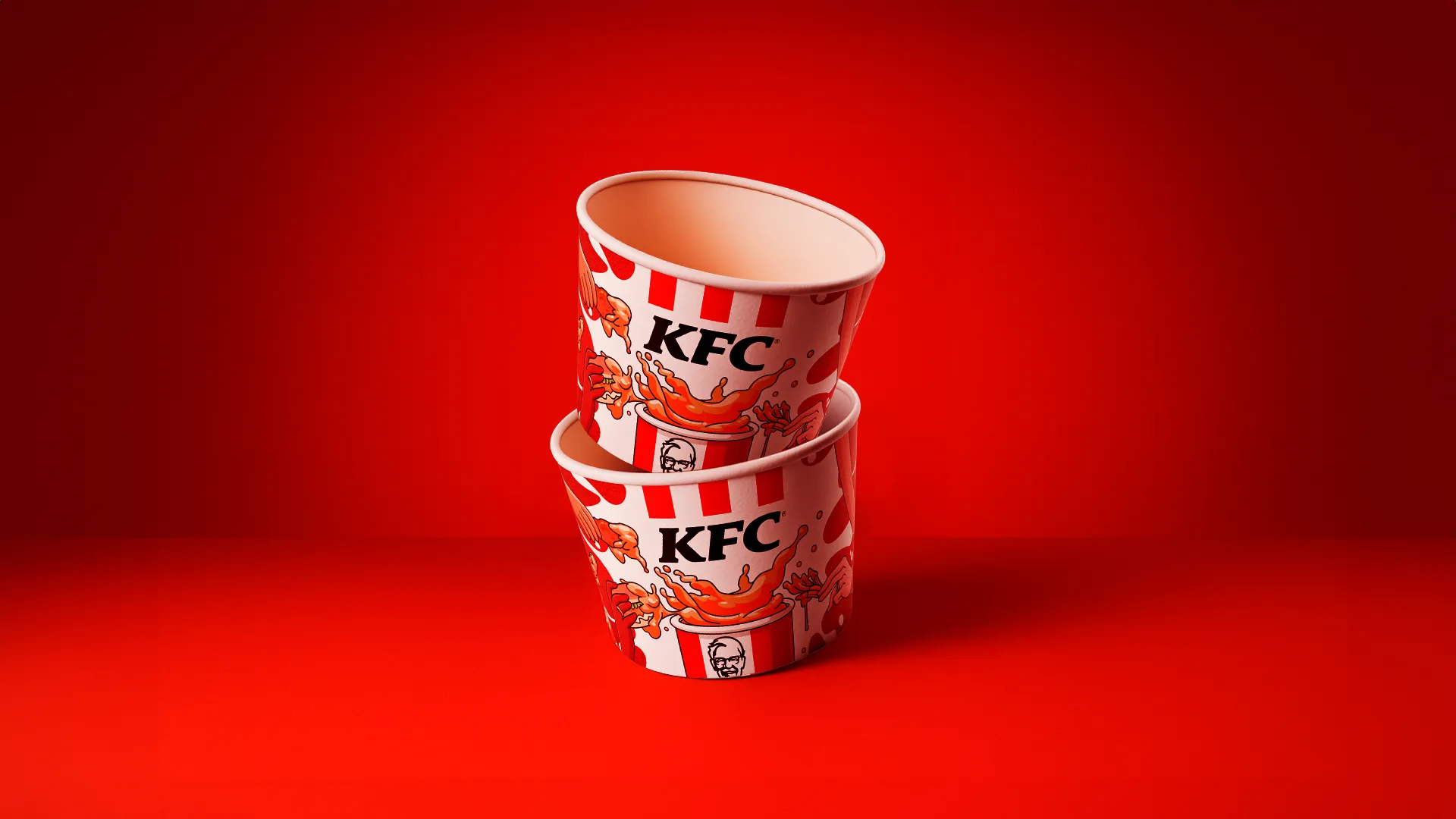Balde KFC ilustrado da linha Molho no Balde, sobre fundo vermelho