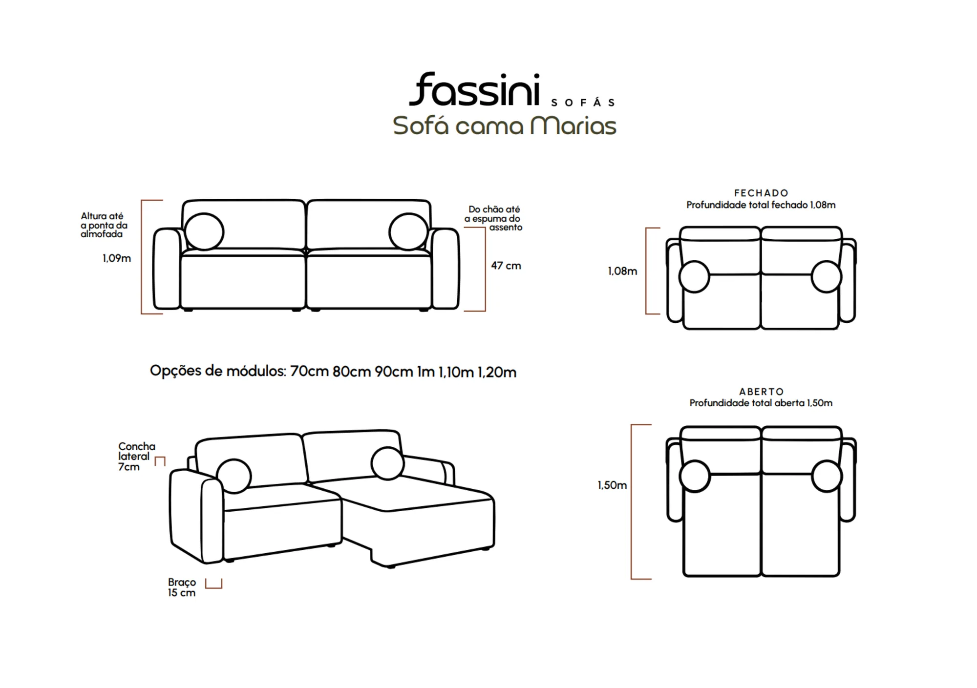 Desenho técnico do Sofá-cama Marias: vistas de frente e de cima, com as medidas de altura, do chão ao assento, de profundidade fechado e aberto, e as opções de módulo.