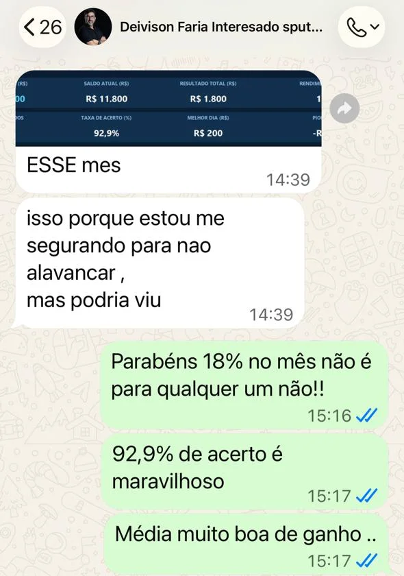 Conversa no WhatsApp: aluno mostra saldo de R$ 11.800, resultado de R$ 1.800 e 92,9% de acerto no mês